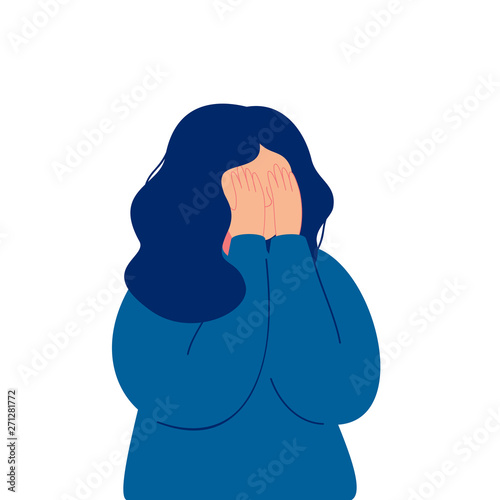 Depressed young girl crying covering her face with her hands. Weeping woman emotions grief. Human character vector illustration isolated from white background