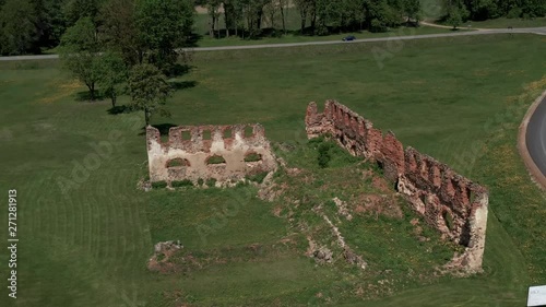 Drone aerial fly above Merkine Minor Ruins, LITHUANIA photo