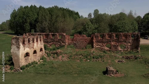 Drone aerial fly over Merkine Minor Ruins, Lithuania photo