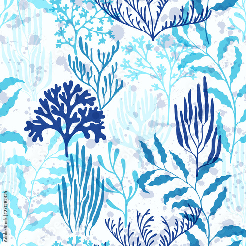 Coral polyps seamless pattern., Tropical coral reef branch silhouette elements.