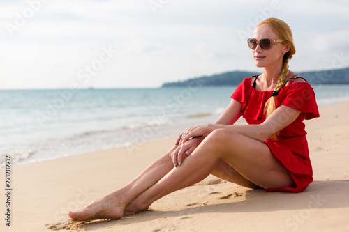Blonde model on the meach in Thailand photo