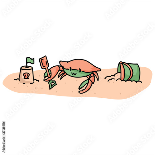 Cute crab on the beach cartoon vector illustration motif set. Hand drawn isolated crustacean sand pit elements clipart for bucket and spade blog, sandcastle graphic.