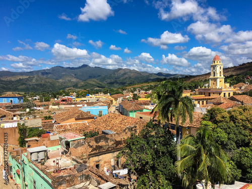 Colorful skyline with mountains and colonial houses. The village is a Unesco World Heritage and major tourist landmark on the Caribbean Island, Trinidad de Cuba