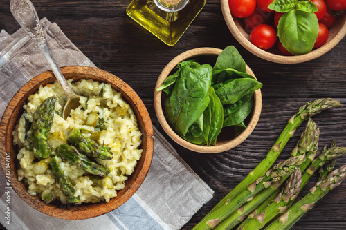 Asparagus and spinach risotto , italian cuisine.