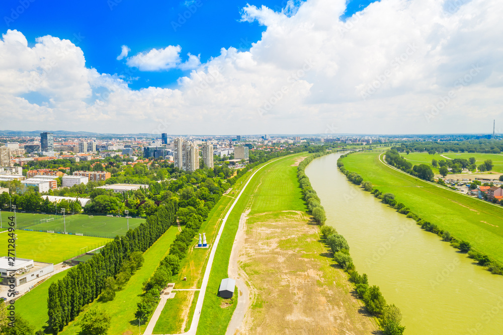Naklejka premium Zagreb, Croatia, Sava river from air, city skyline, green landscape