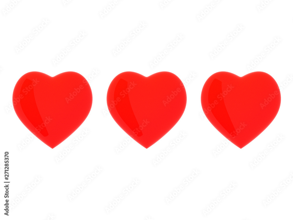 Three simple glossy hearts isolated on white background. 3d illustration.