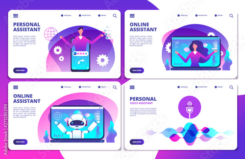 Vector personal assistant, voice assistant, online robotic assistant landing page set. Voice smart assistant, mobile robot online illustration