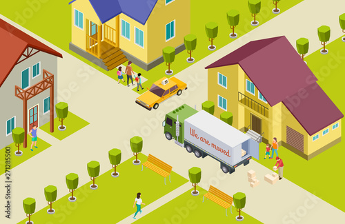 Moving isometric vector illustration. Neighborhood in a small town  home  park  people  delivery track. Transportation automobile for relocation  delivery isometric pack