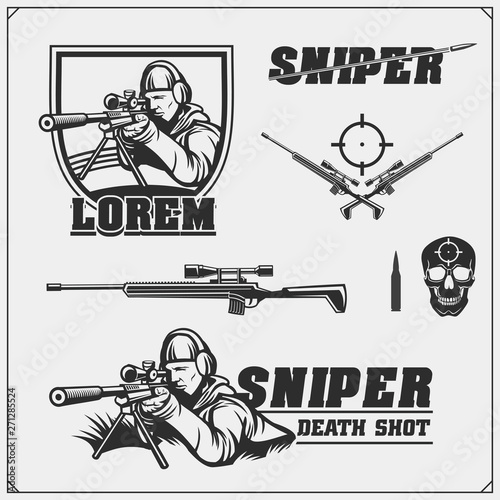 Sniper emblems for sport team. Sniper club labels and design elements. Print design for t-shirt.