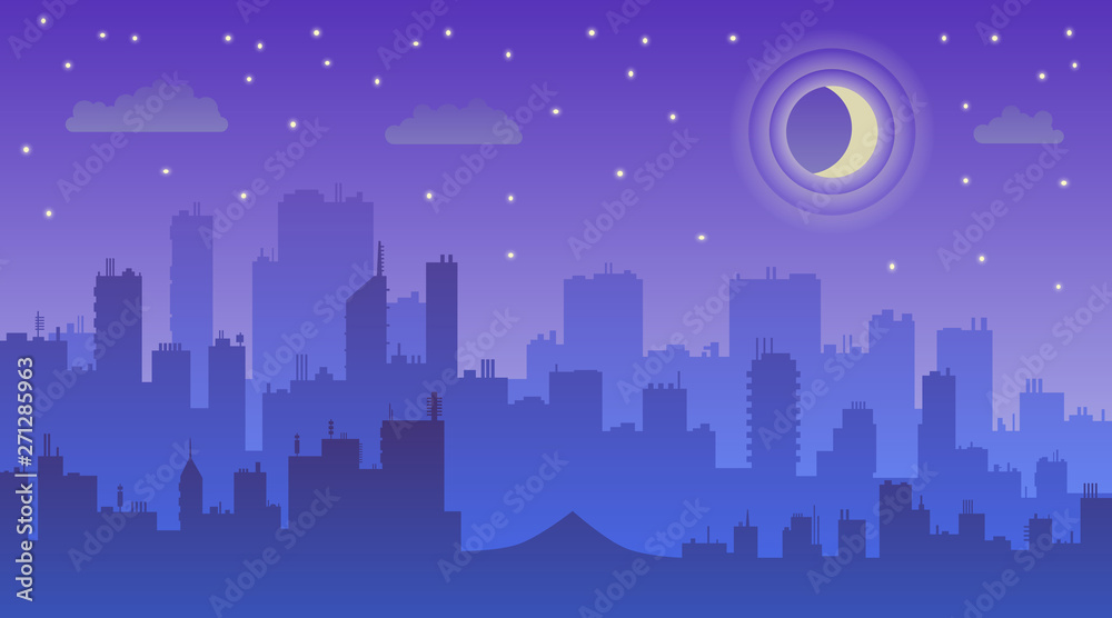 Night city vector illustration. Dark urban scape
