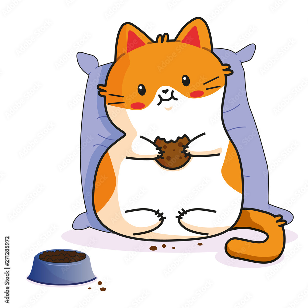 Obraz premium Cute Cat: eating holding cookie. kitty, kitten characters in vector, cartoon illustrations. As sticker, emoji, emoticon