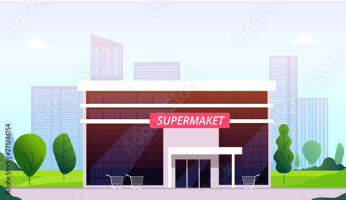 Supermarket street. Hypermarket building front business center shop construction urban store retail supermarket exterior vector image. Big hypermarket building, facade of market shop illustration