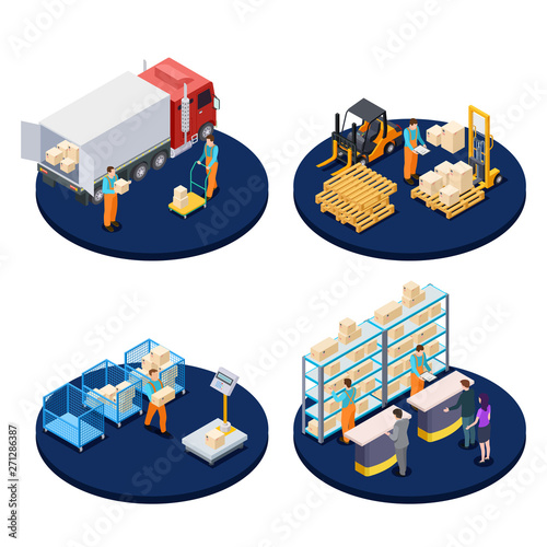 Delivery isometric. Logistic, distribution warehouse, parcel delivery isometric vector concepts. Illustration of delivery service