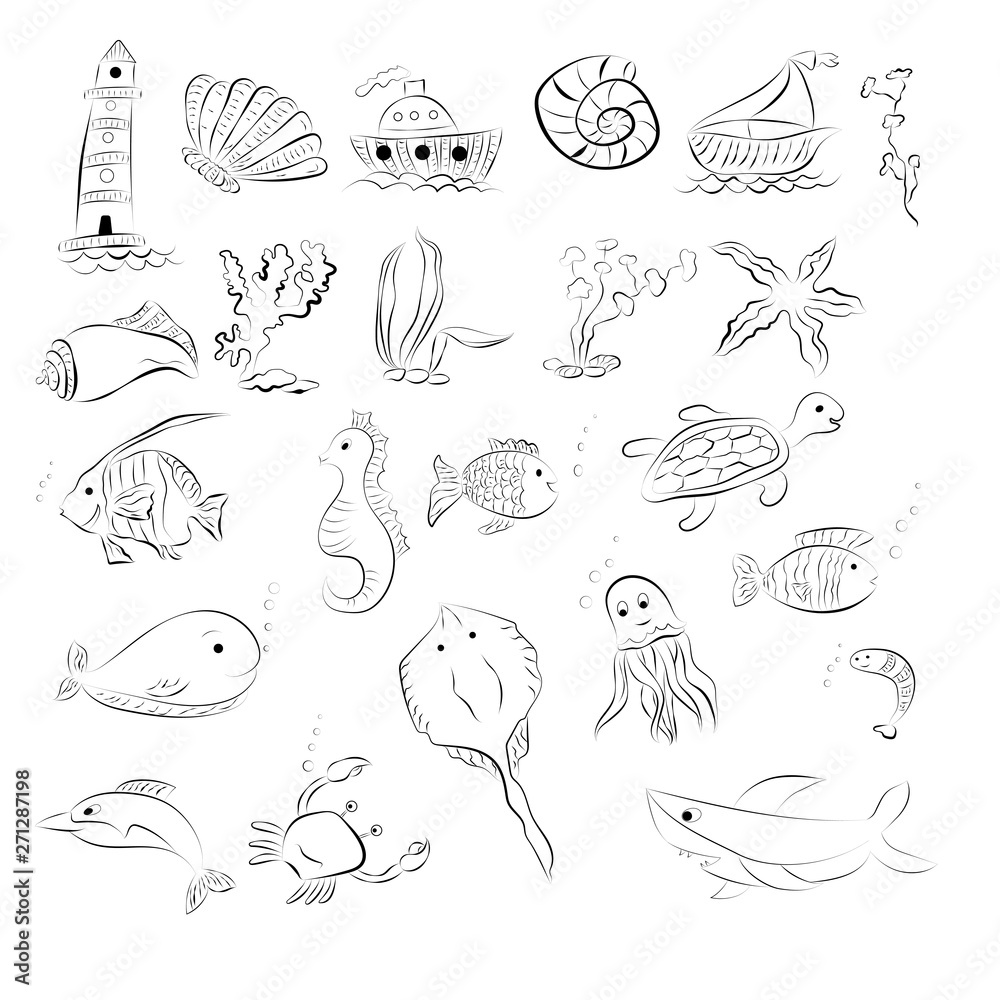 sketch of sea animals on a white background.