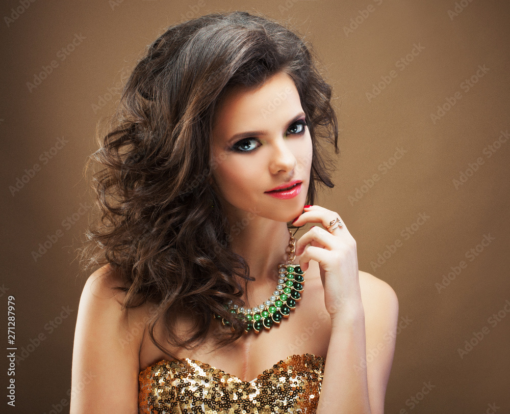 Beautiful model with curly hairstyle, close up portrait. Beauty concept.