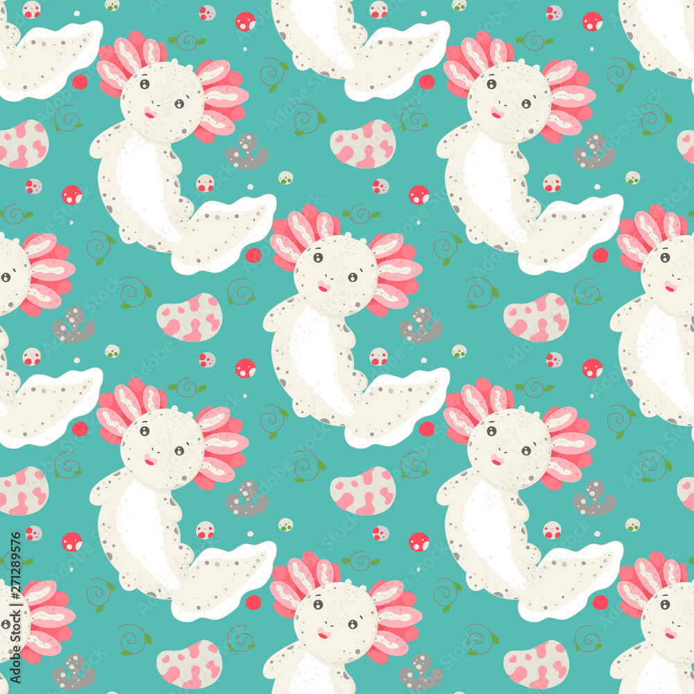 Cute Kawaii axolotl, baby amphibian drawing. Cute animal drawing, funny cartoon illustration. Floral seamless pattern with elements of flora, leaves, twigs, berries, stones