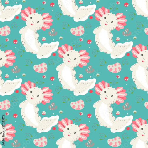 Cute Kawaii axolotl, baby amphibian drawing. Cute animal drawing, funny cartoon illustration. Floral seamless pattern with elements of flora, leaves, twigs, berries, stones