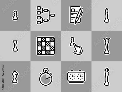 Set of black vector icons, isolated against white background. Illustration on a theme The main elements of chess competitions