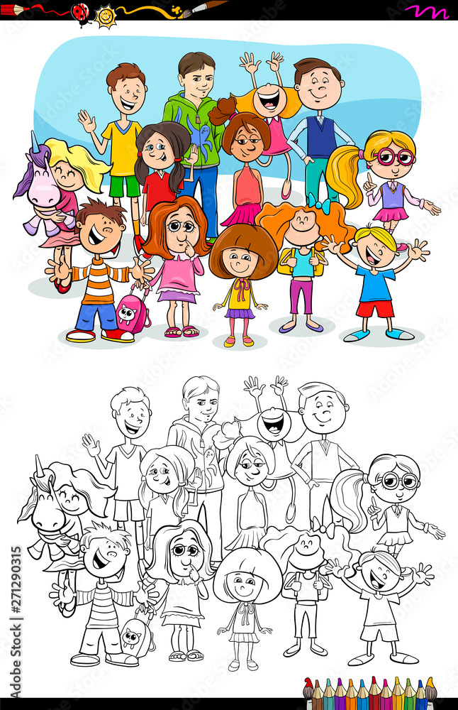 children and teen characters group color book