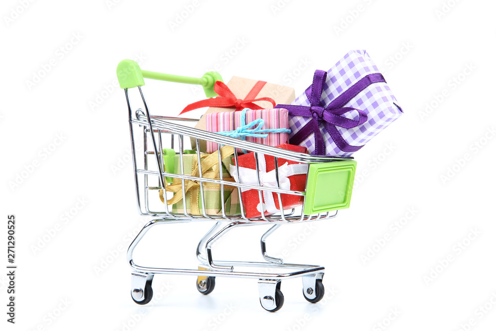 Small shopping cart with gift boxes isolated on white background