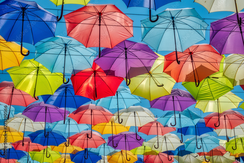 Street decorated with bright colorful umbrellas on the sky, Odessa, Ukraine