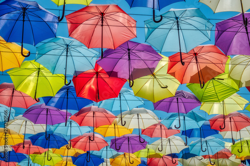 Street decorated with bright colorful umbrellas on the sky  Odessa  Ukraine