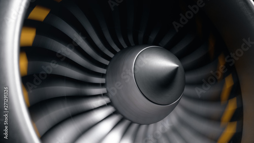 Jet engine, close-up view blades. Engine blades at the ends painted orange. Jet engine blades in motion. Part of the airplane. 3D illustration