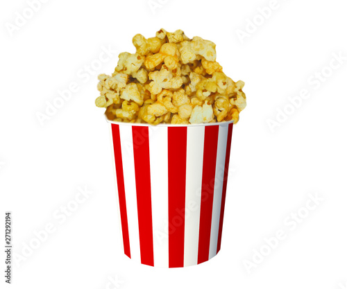 Popcorn in Small Red & White Striped Popcorn Buckets on white background with Clipping path. © Sakuramos