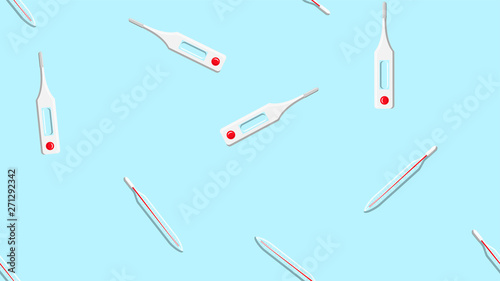 Seamless pattern texture of endless repetitive medical digital modern electronic mercury glass thermometers for measuring body temperature on a blue background. Vector illustration