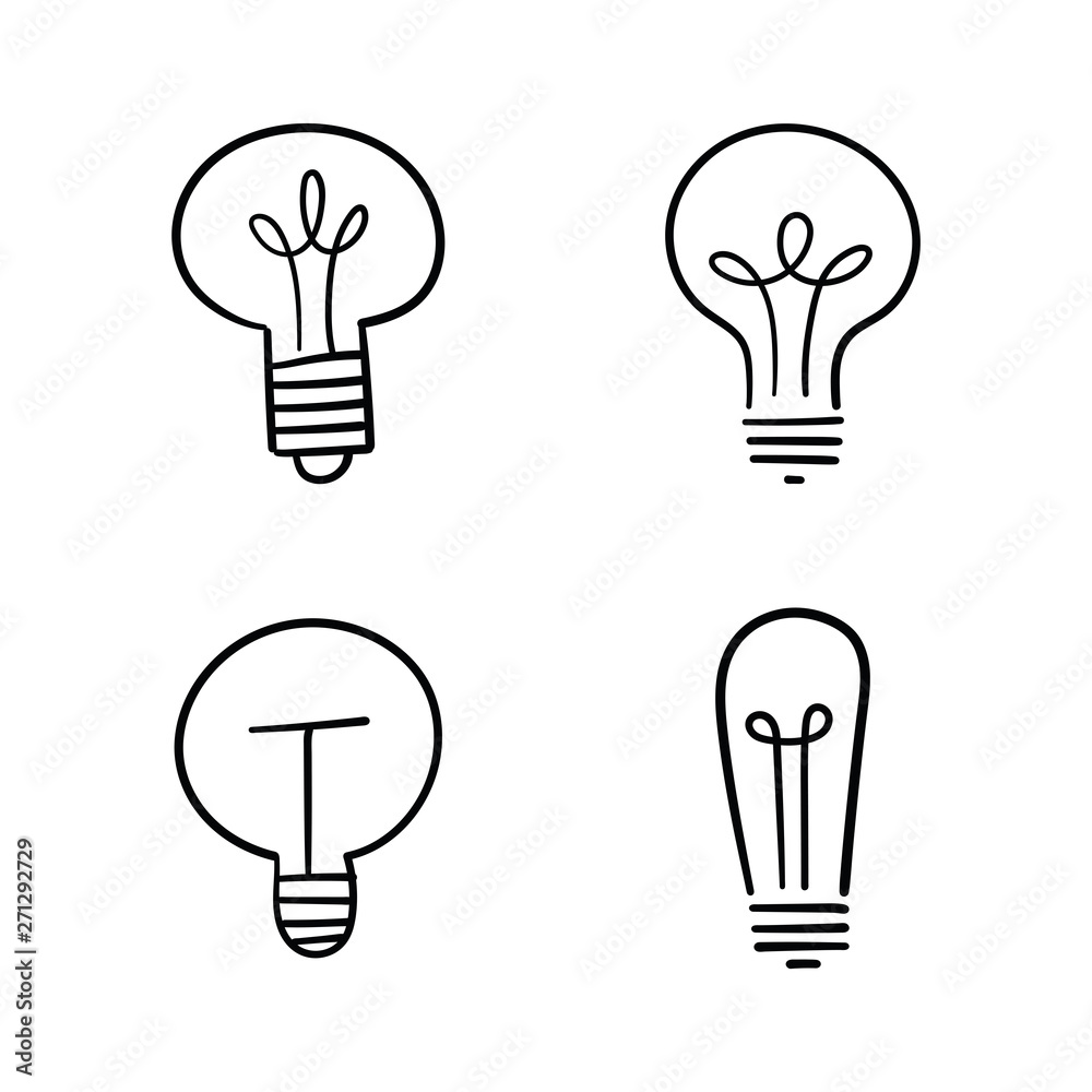 Light bulb doodles set. Hand drawn idea icons. Creativity and innovation concept.