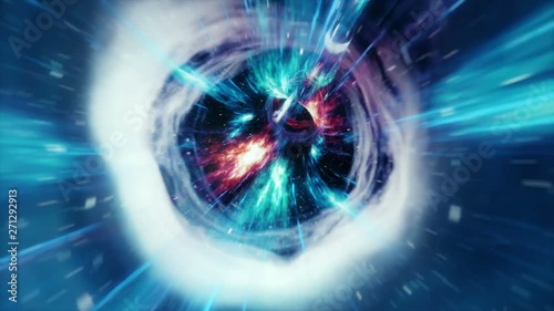 Seamless travel through a wormhole through time and space filled with millions of stars and nebulae. Wormhole space deformation, science fiction. Black hole. Vortex hyperspace tunnel. 4k animation