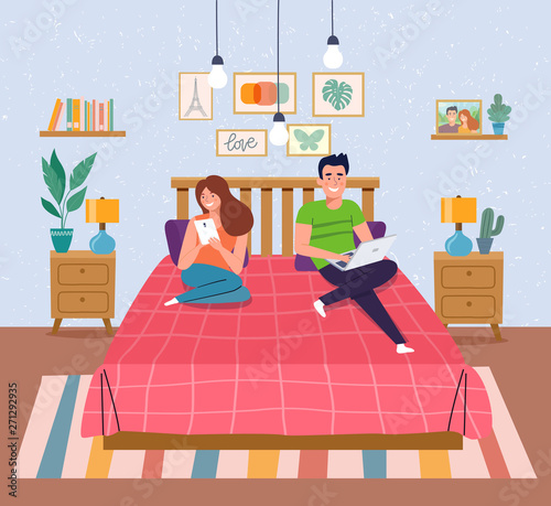 Man, woman sitting on the couch with notebook and smartphone. Interior space bedroom. Vector flat illustration