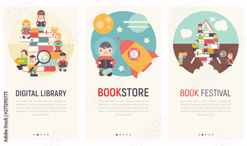 Mobile App Page Onboard Screen Set. Screens Template for Digital Library, Bookstore, Book Festival Website or Web Page. Vector Illustration. User Interface Kit in Flat Design for Literature Event.
