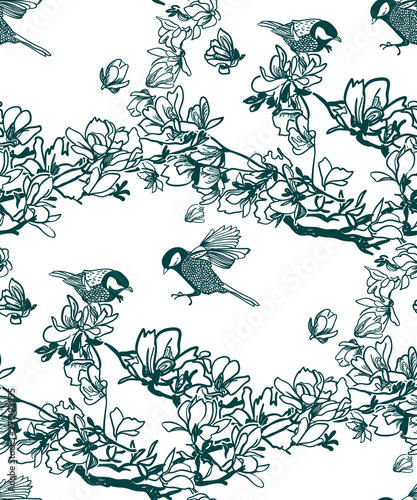 vector pattern plant engrave ink magnolia birds