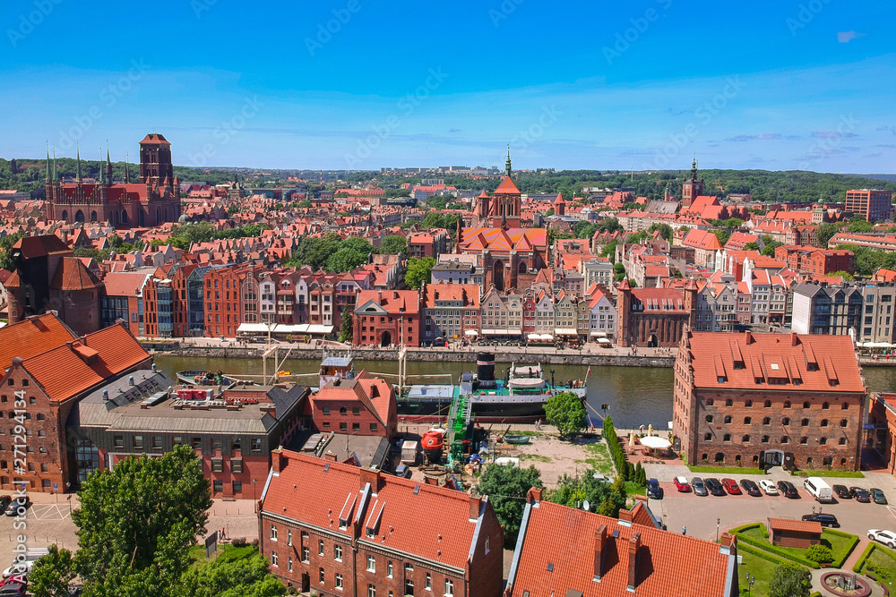 Aerial view of Gdansk old town in summer scenery, Poland