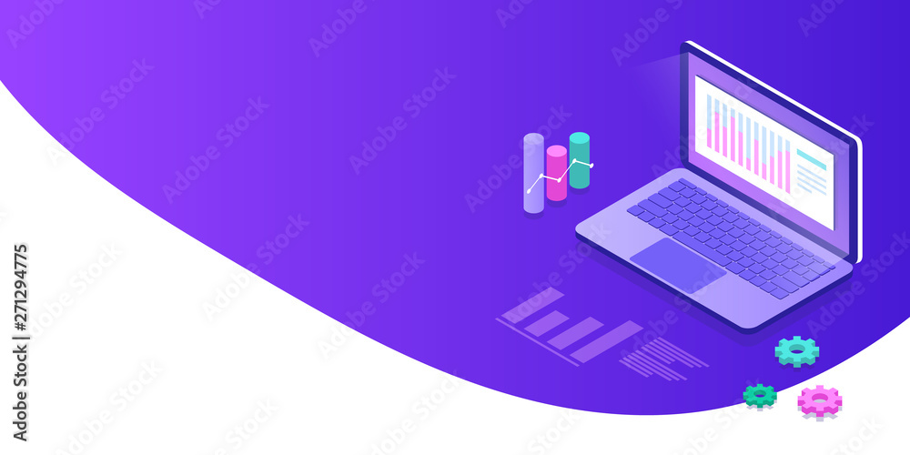 Modern flat design isometric template of Data Analysis. Landing page. Report on the computer, program of statistics. business strategy. Investment. Business success. Financial review. Banner template