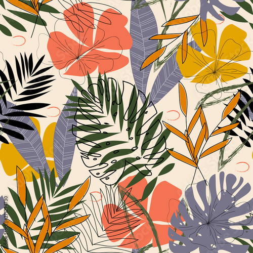 The original pattern with tropical leaves and plants on a beige background. Vector design. Jungle print. Textiles and printing. Floral background.