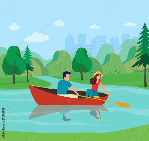 Man and woman are sailing in a boat. Vector flat illustration