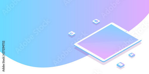 Mobile app development. White tablet with applications icons on gradient touch screnn. Social network isometric landing page. Software API prototyping. Repairing electronic. Advertising concept.
