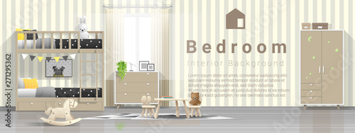 Interior background of modern kids bedroom with wooden bunk bed , vector , illustration