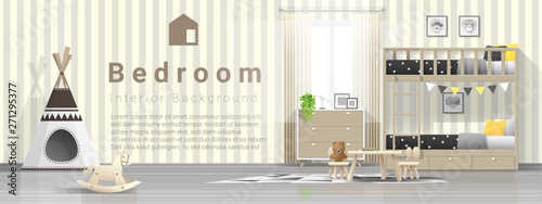 Interior background of modern kids bedroom with wooden bunk bed , vector , illustration