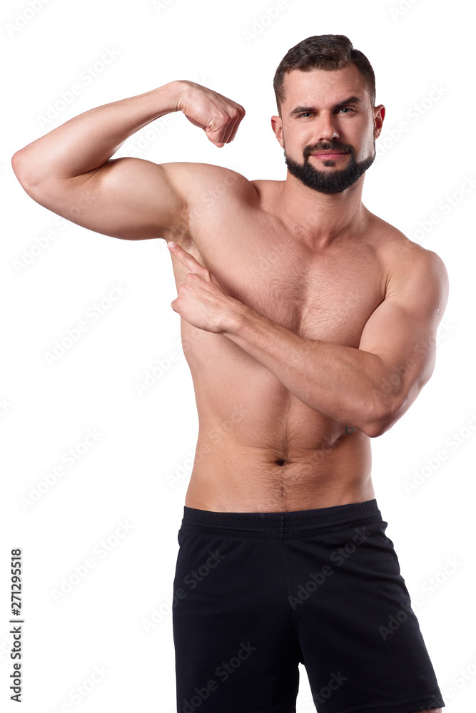 Muscular man shows his arm. Sportsman with spot body on isolated background. Sport concept