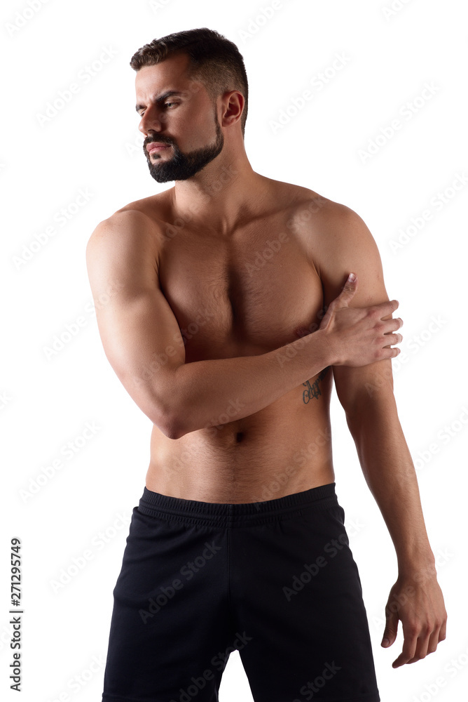 Muscular strong man with shoulder pain, isolated on white background