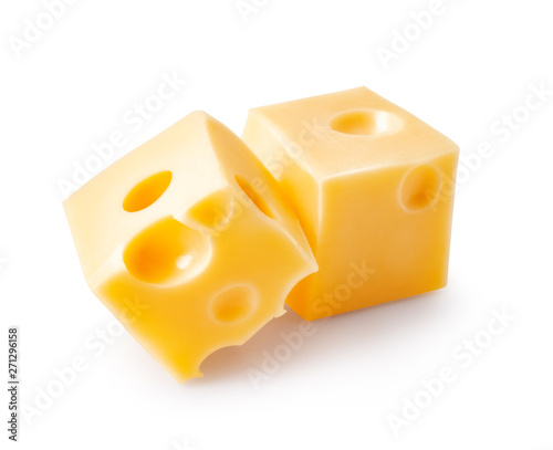 Two cheese cubes isolated on white background.