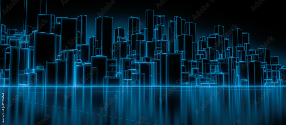 Obraz premium Abstract futuristic blocks city with wire frame in blue shade on mirror floor. Digital future architecture technology background concept. 3D render.
