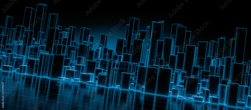 Abstract futuristic blocks city with wire frame in blue shade on mirror floor. Digital future architecture technology background concept. 3D render.