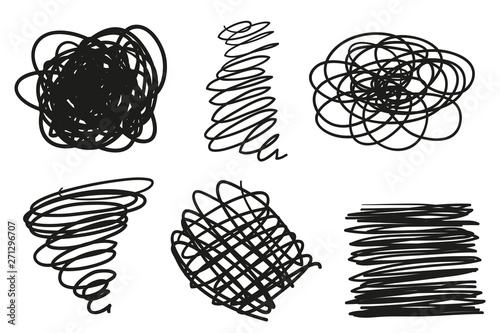 Hand drawn chaotic shapes on isolated white background. Abstract symbols. Wavy tangled backdrops. Elements for posters and flyers. Black and white illustration
