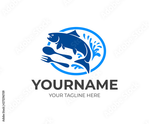 Fish jumps out of the water in circle, spoon and fork, logo design. Restaurant, food and seafood, vector design and illustration