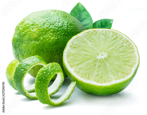 Ripe lime fruits on the white background.