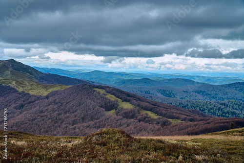 A beautiful panoramic mysterious view of the forest in the Bieszczady mountains (Poland) on a misty rainy spring May day, nature is lonely - without people